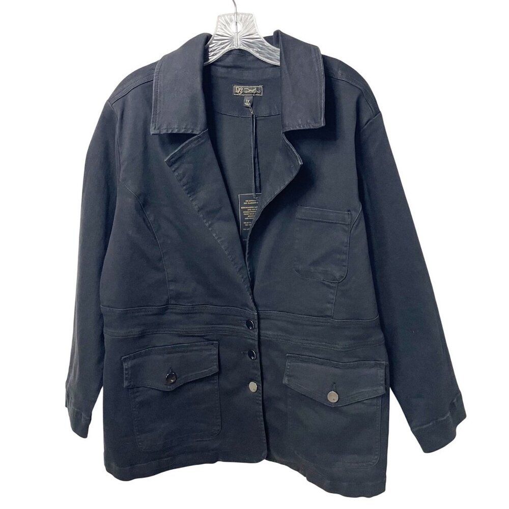 DG2 by Diane Gilman Jean Jacket Black Silver Button Front Denim Coat Size 1X New